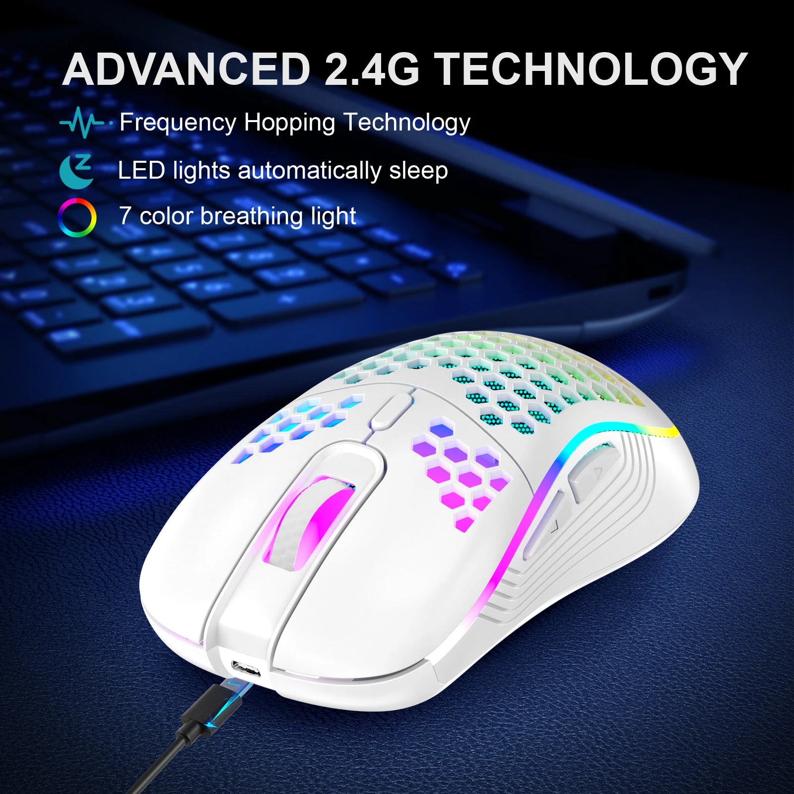 Mouse Gaming Inalámbrico Honeycomb RGB — Ultraliviano 2.4G