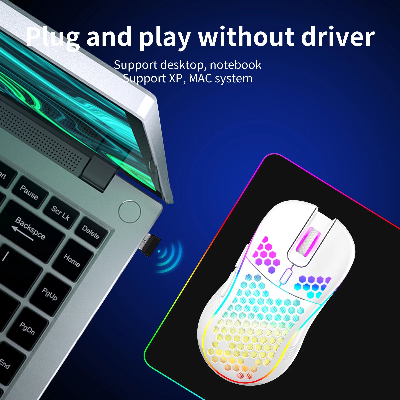 Mouse Gaming Inalámbrico Honeycomb RGB — Ultraliviano 2.4G