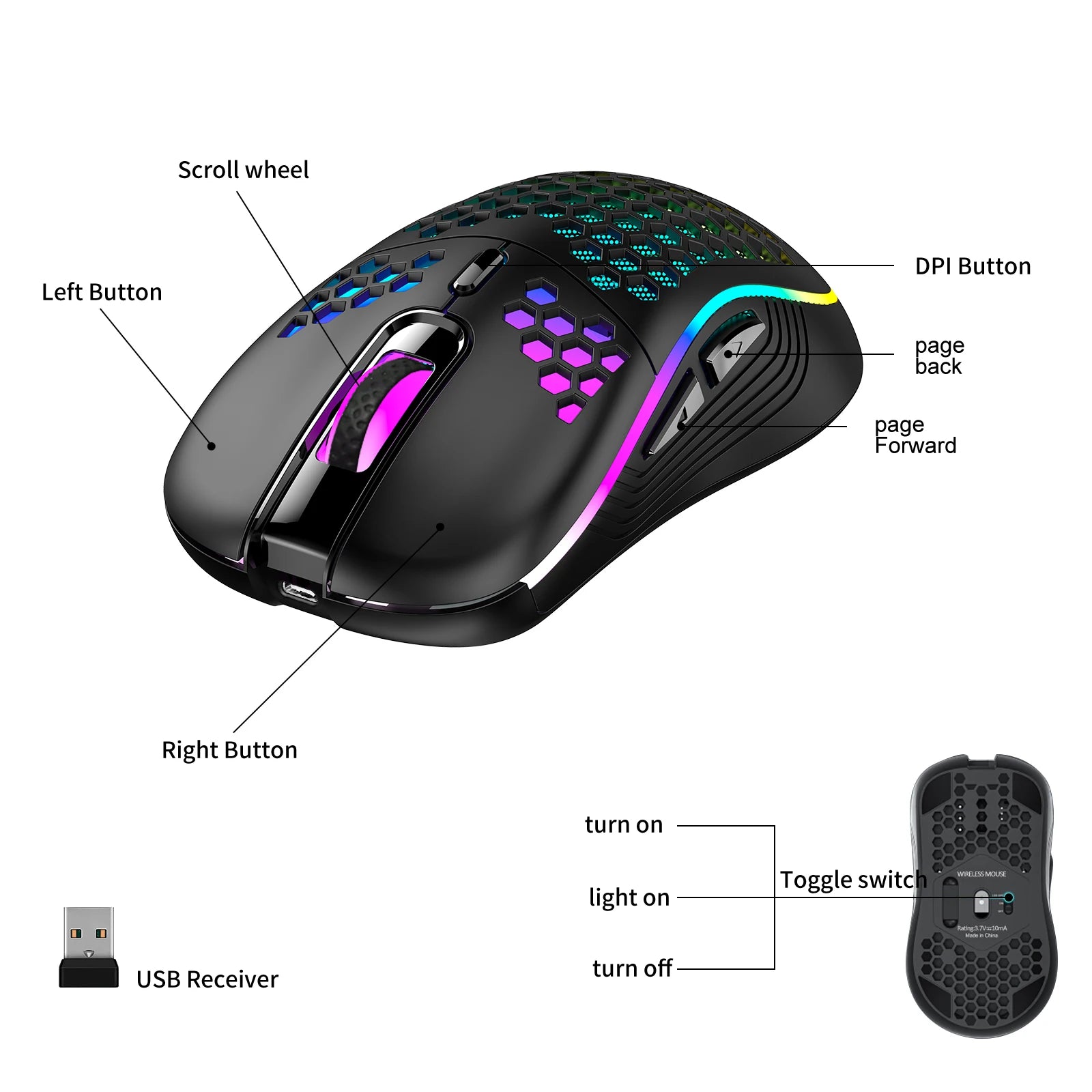 Mouse Gaming Inalámbrico Honeycomb RGB — Ultraliviano 2.4G